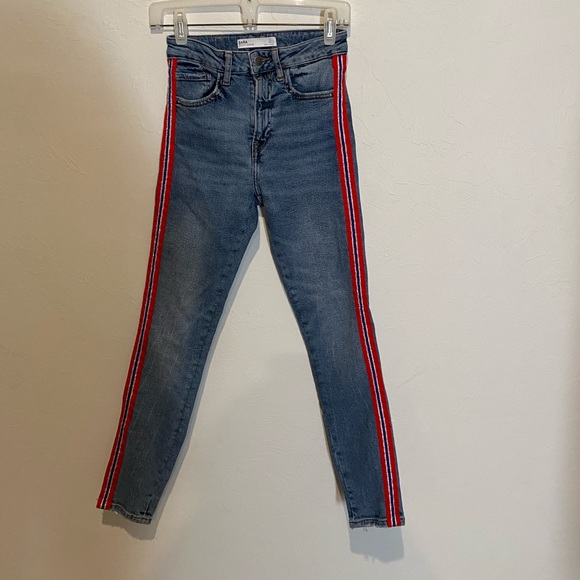 Zara red blue stripe side skinny jeans - Picture 3 of 7
